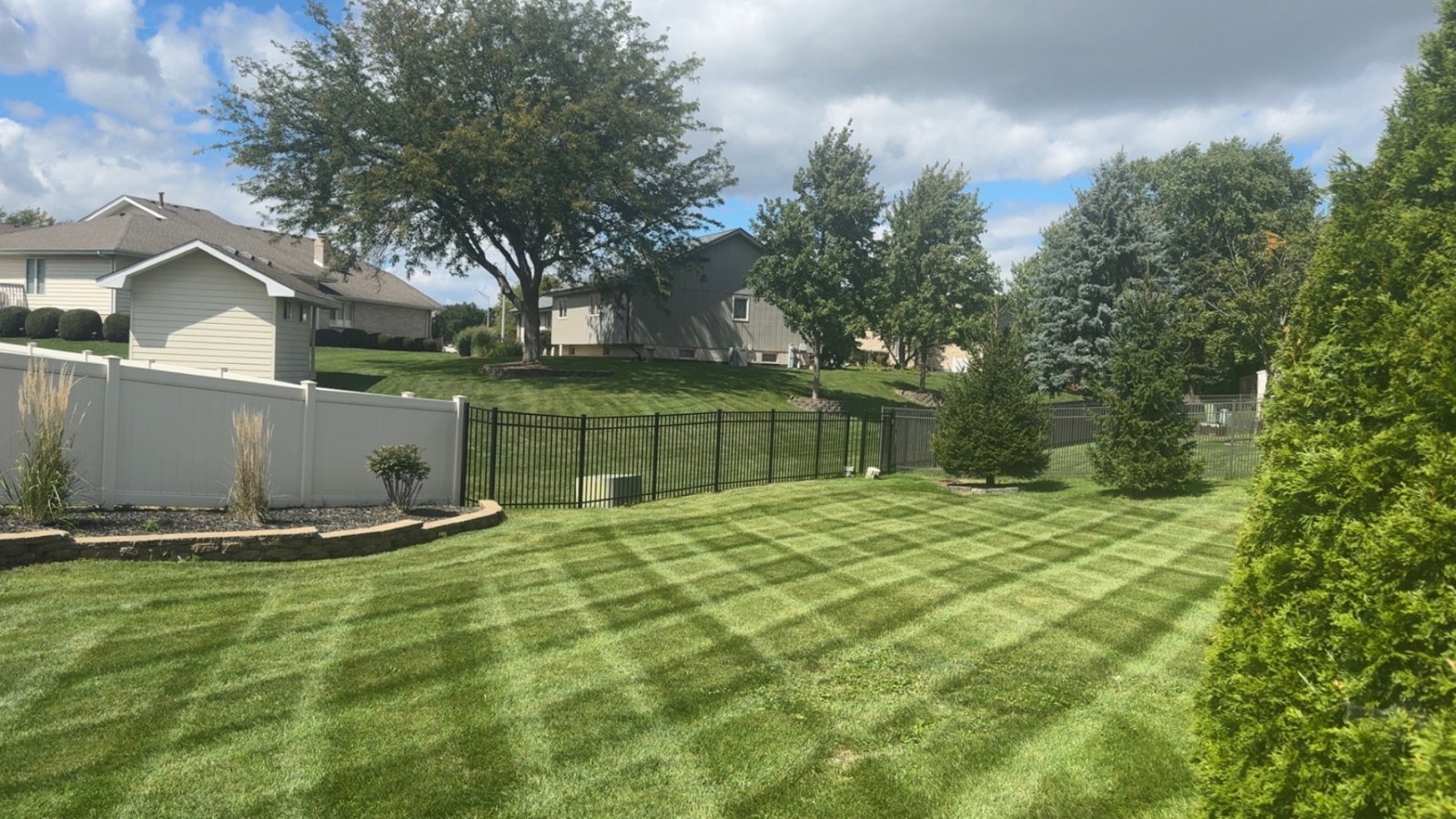 Checkerboard striped backyard lawn