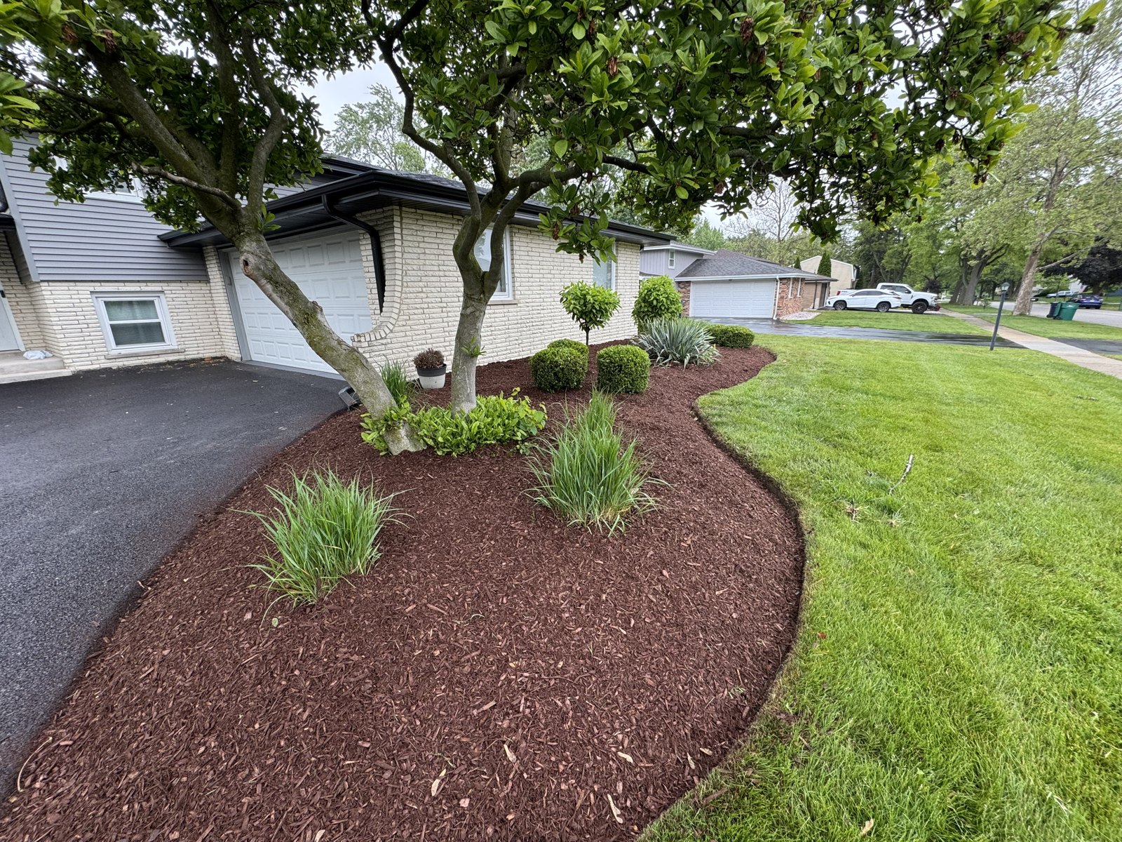 Edged mulch bed alongside lawn